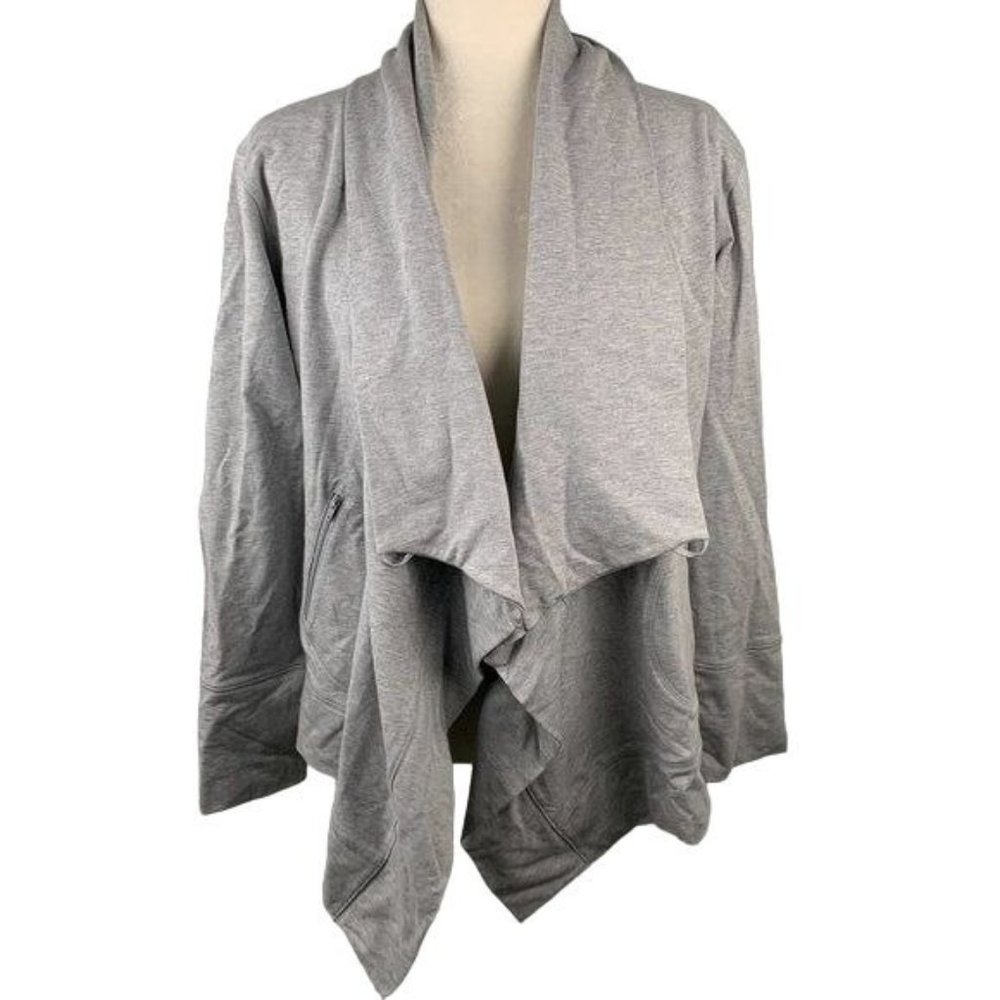 Athleta Wrap Cardigan Sweatshirt S M Grey Cowl Neck Buttons Zippered Pockets